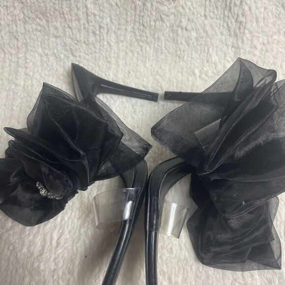 Azalea Wang clear plastic straps Black Heel sandals bow rhinestones accent SZ8.5 - Picture 7 of 10